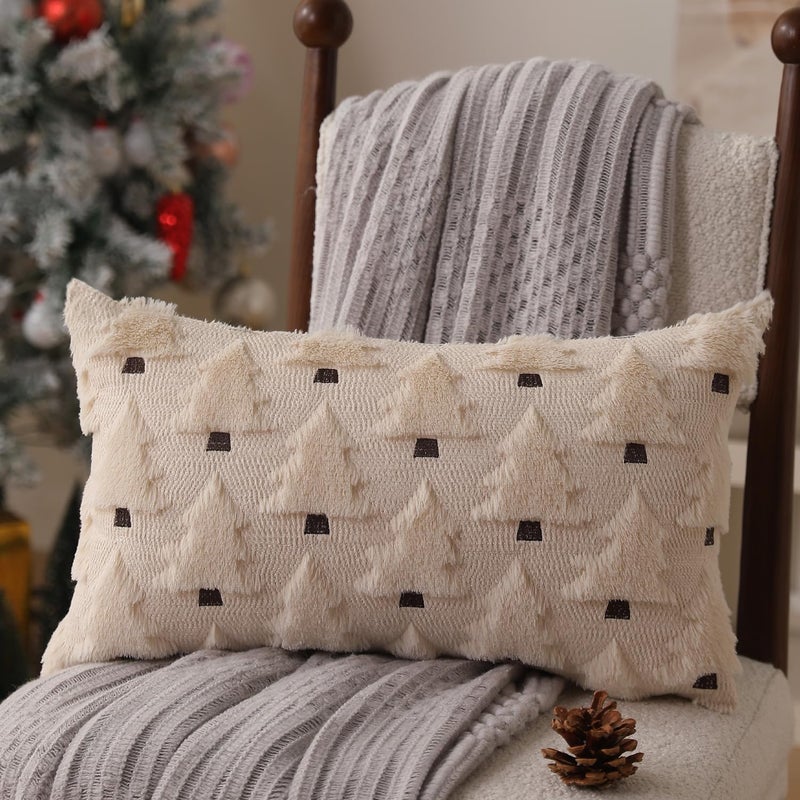Allorry Christmas Pillow Covers 12x20 inch Set of 2 Xmas Decorations Soft Plush Faux Fur Wool Beige Christmas Tree Throw Pillow Cases Winter Holiday Decor for Sofa Living Room PT-002C12 - Image 3